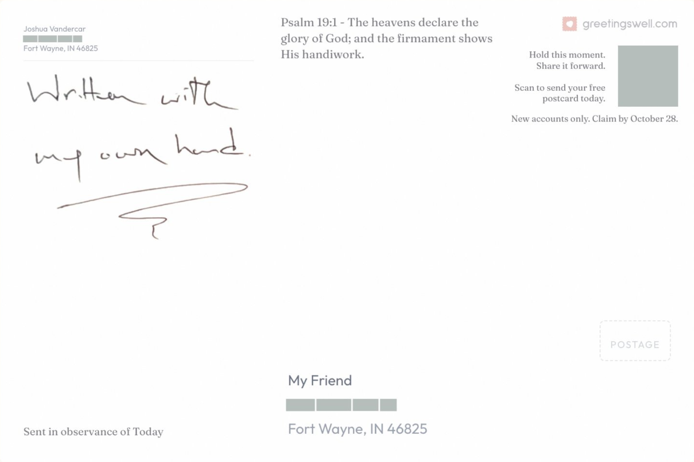 Back of a printed postcard showing a handwritten message reading &ldquo;Written with my own hand.&rdquo; above a printed Bible verse.